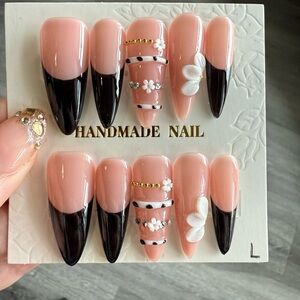 Handmade Women Nail Set - Pink & Black French Tips with Floral Accents